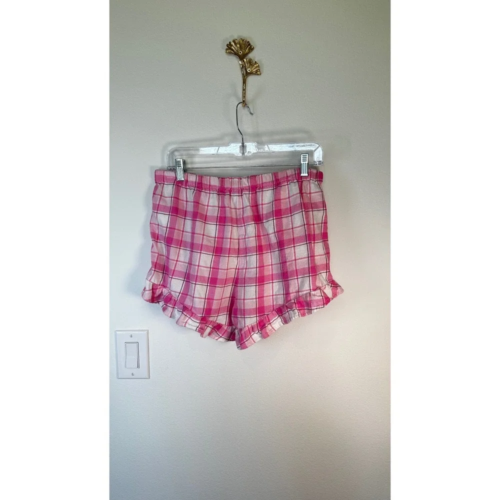 J.Crew Pink Plaid Flannel Ruffle Pajama Set Coquette Preppy M 2PC Size Medium